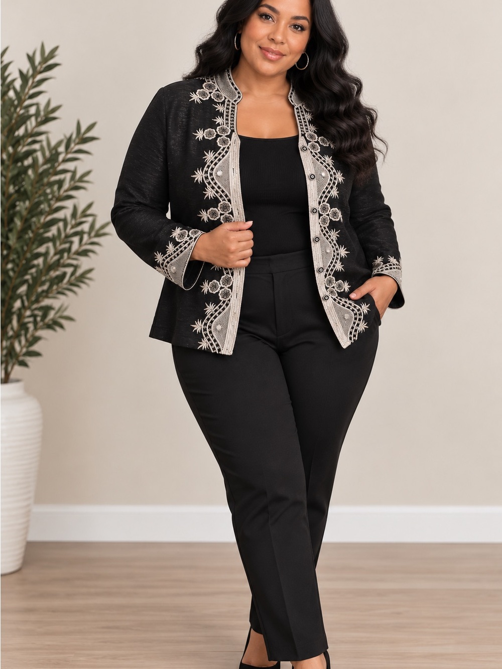 SilkLand Black Jacket with Beige Embroidery - Women’s